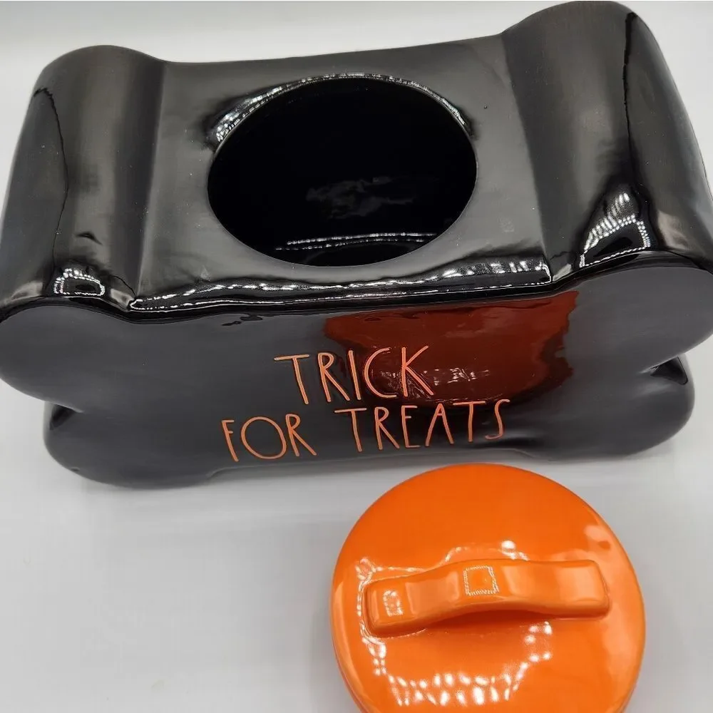 Rae Dunn Halloween TRICK FOR TREATS DOG bone shape treat jar